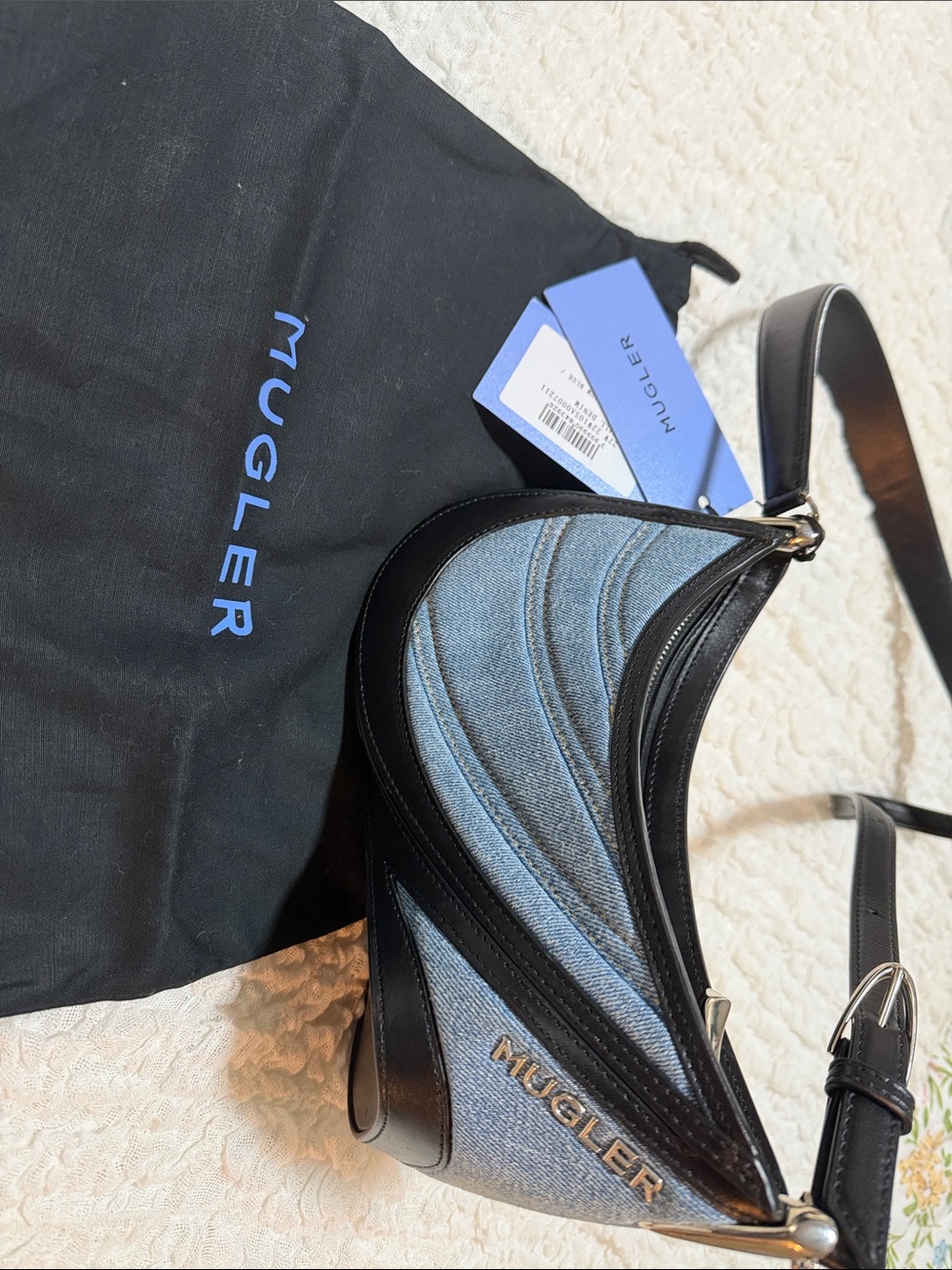 Mugler Blue Denim and Black Leather Belt Bag. 12in x 9in